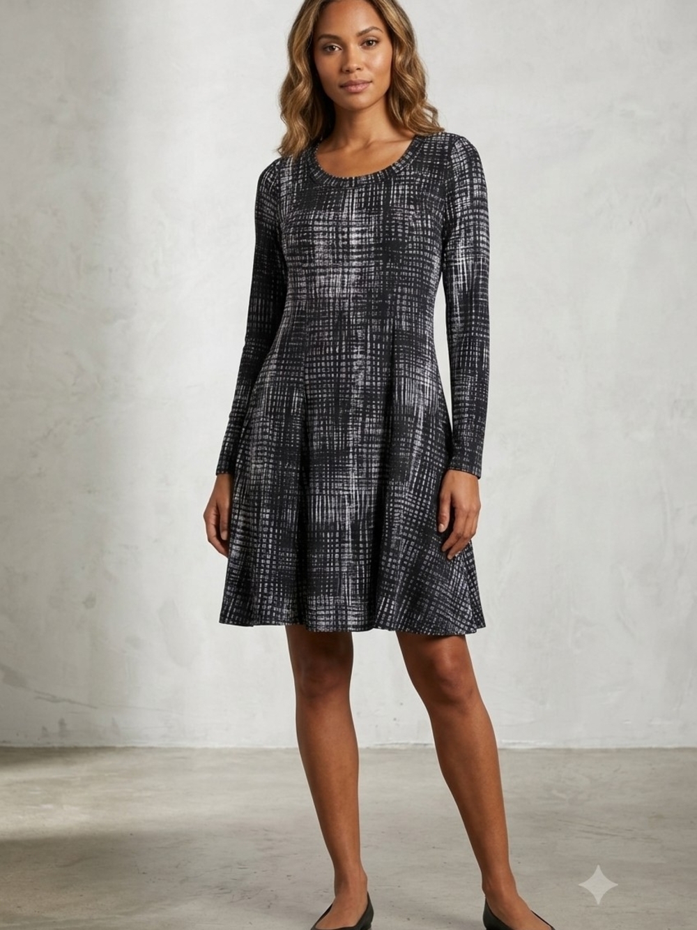 Karen Kane Black & Gray Printed Long-Sleeve Fit-and-Flare Dress